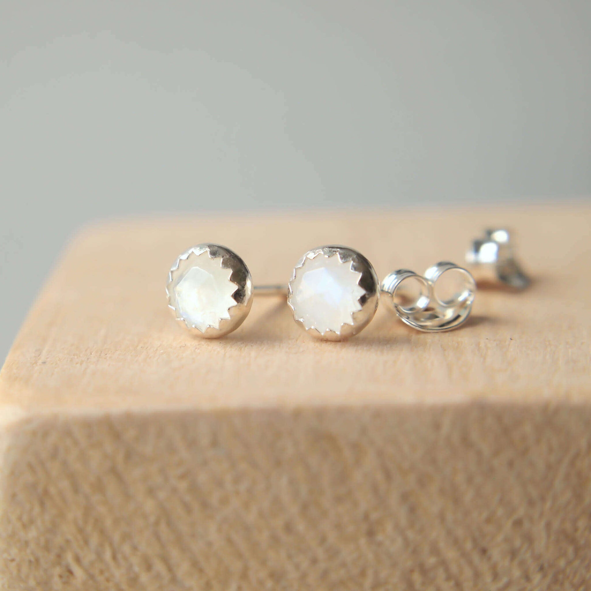 White moonstone simple Silver and gemstone earrings in a simple sterling silver setting, Birthstone for June handmade by maram jewellery in Edinburgh Scotland UK