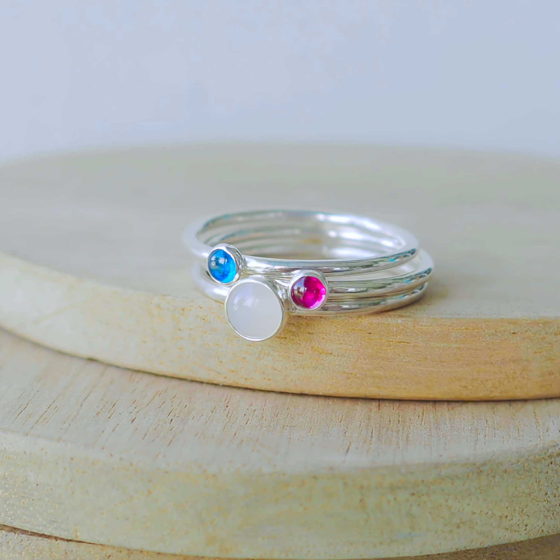 moonstone ruby and sapphire three ring set in sterling silver. Handmade in Scotland by maram jewellery