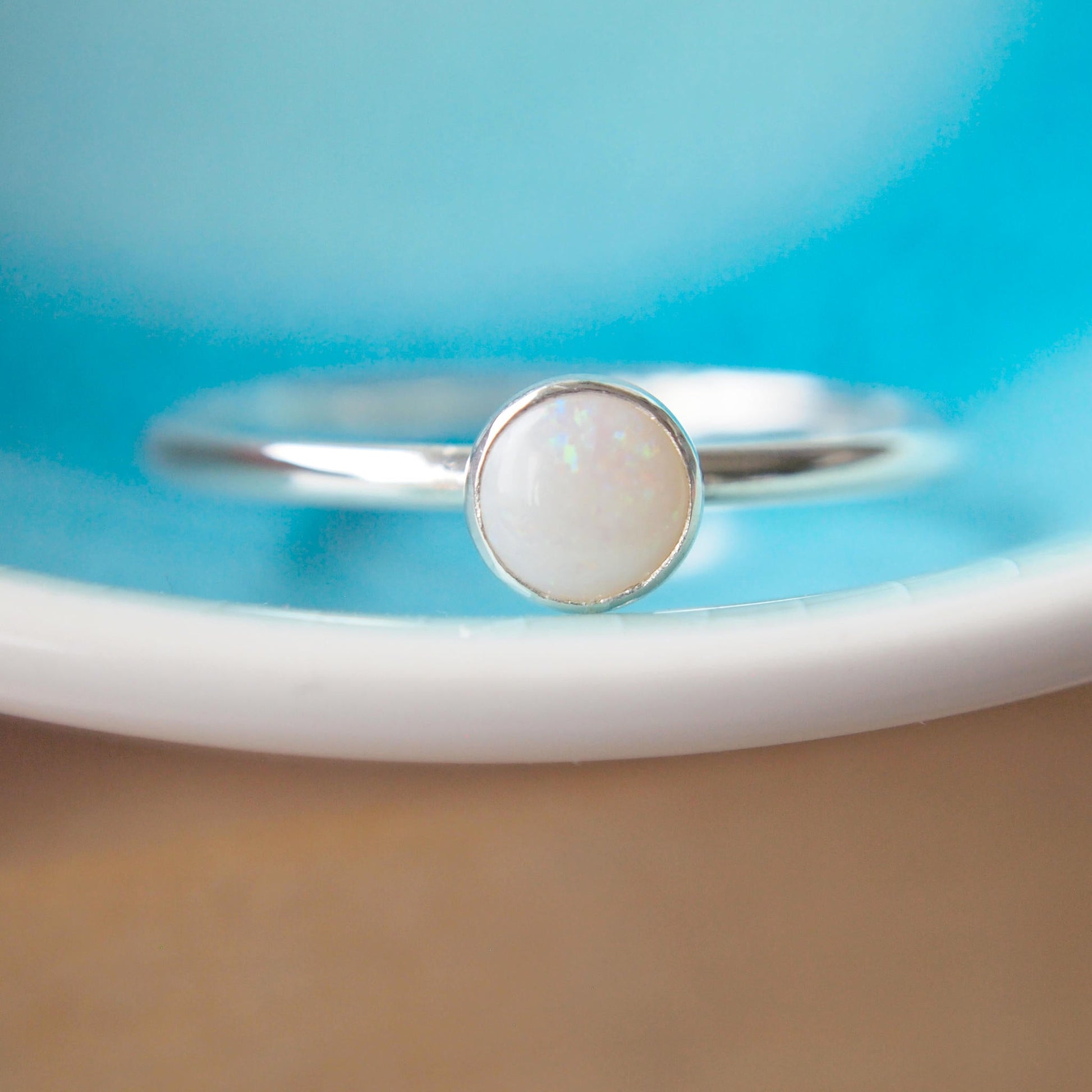 White Opal modern solitaire ring in Sterling Silver. Jewellery Handmade in Scotland UK by maram jewellery