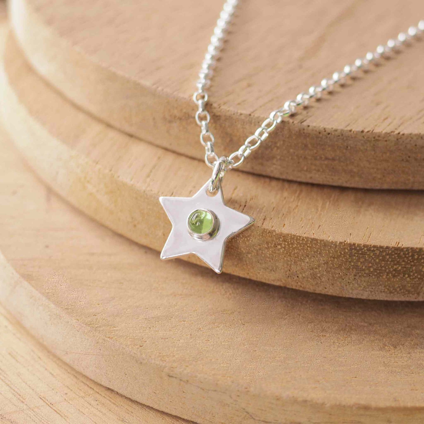 Sterling SIlver Birthstone necklace with a gem in the centre. this one is green peridot for August and other birthstones are available. Handmade in Scotland UK