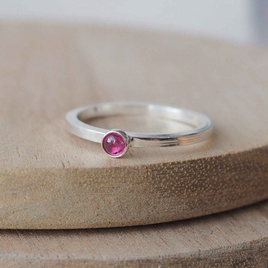 Pink Tourmaline and Sterling Silver simple minimalist ring with a 3mm round candy pink Tourmaline, Birthstone for October. Handmade in Scotland by maram jewellery