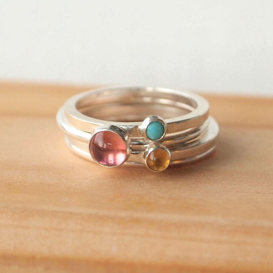Tourmaline, Citrine and Turquoise triple ring set in Sterling Silver to mark October, November and December birthstones. Handmade in Scotland by Maram Jewellery