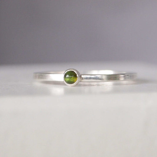 Green tourmaline ring with a 3mm moss green gemstone. Handmade in Scotland by maram jewellery