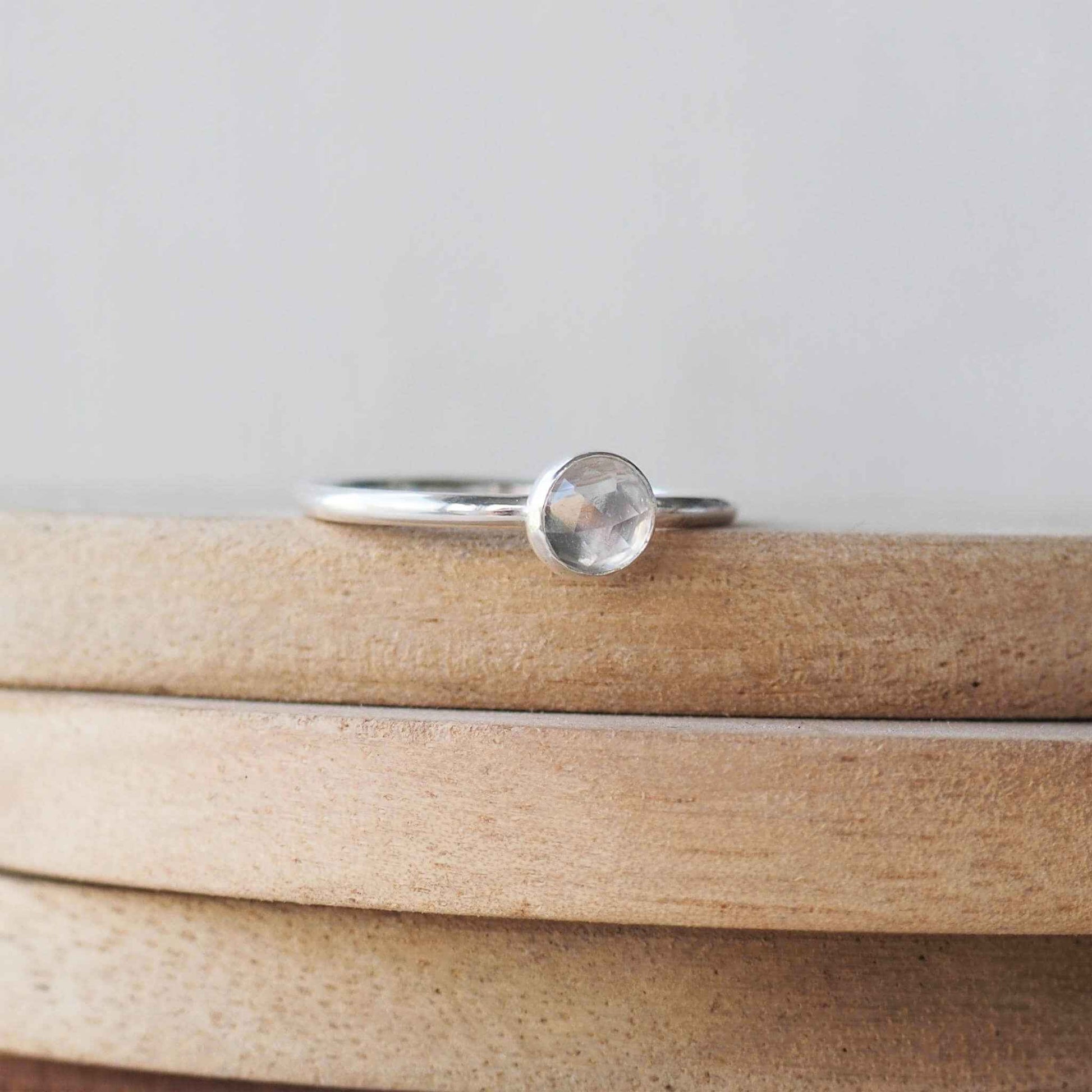 White Topaz and Sterling Silver simple minimalist ring with a 5mm round clear facet cut White Topaz, Birthstone for April. Handmade in Scotland by maram jewellery